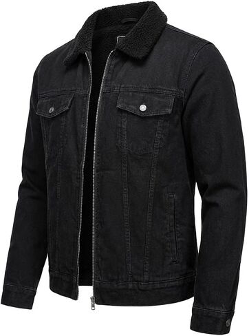 Mulch Man Black Wash Denim Trucker Jacket with Sherpa Collar - Men's Lightweight Jean Jacket, Windbreaker, Plus Size in Saudi Arabia