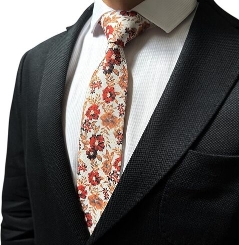 Men's Floral Satin Necktie, Stylish Novelty Tie for Weddings, Groomsmen Tie, Events, Brunt Orange Floral (Rust Orange, Regular) in Saudi Arabia