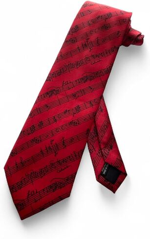 Musical Notes Pattern Necktie, Standard Length, Maroon Red with Black Sheet Music Design, Polyester in Kuwait