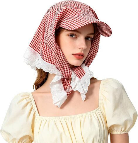 Women's Gingham Sun Headscarf Hat with Lace Trim Foldable UV Protection Neck Covering Visor Cap for Outdoor Beach in Kuwait