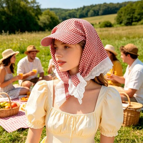 Women's Gingham Sun Headscarf Hat with Lace Trim Foldable UV Protection Neck Covering Visor Cap for Outdoor Beach in Kuwait