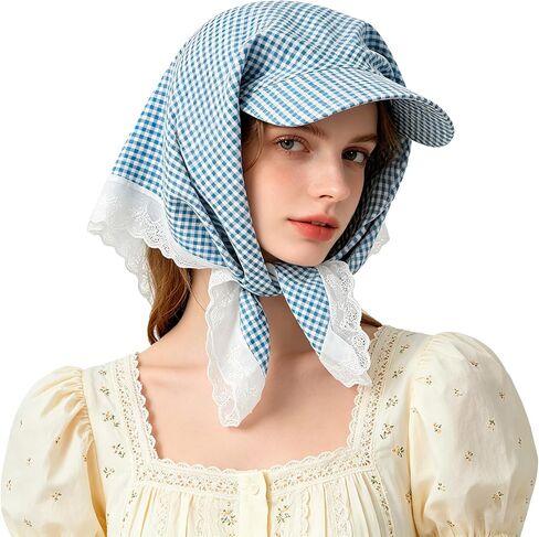 Women's Gingham Sun Headscarf Hat with Lace Trim Foldable UV Protection Neck Covering Visor Cap for Outdoor Beach in Kuwait