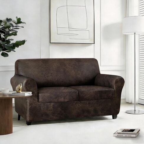 ANARACHON 3-Piece Split Faux Leather Fabric Loveseat Slipcover, 55-62" | Scratch resistant, pet friendly individual cushion couch covers for 2-seater sofas. Non-slip design (Brown). in Saudi Arabia