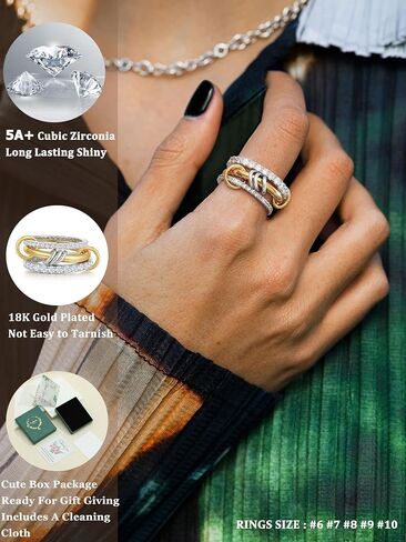 Gold Silver Rings for Women Non Tarnish 18K Gold Plated Stackable Rings Dainty Cubic Zirconia Statement Rings Wedding Band Thumb Ring Mixed Metals Stacking Rings Set Size 6 7 8 9 10 Jewelry Gifts in Saudi Arabia