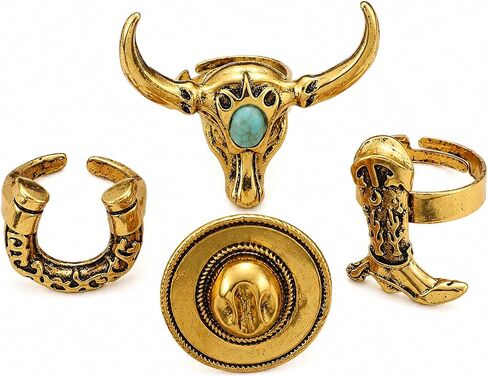 ASIJUNTYECHO 4 Pick Western Rings for Women, Cowboy Jewelry for Women, Horseshoe & Turquoise Bull Head Ring Set, Vintage Western Statement Open Rings for Cowgirls in Saudi Arabia