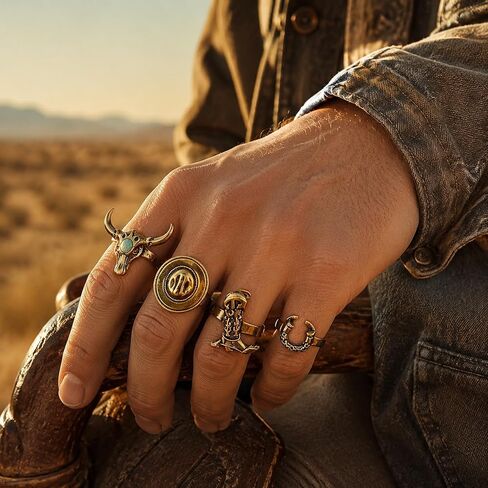 ASIJUNTYECHO 4 Pick Western Rings for Women, Cowboy Jewelry for Women, Horseshoe & Turquoise Bull Head Ring Set, Vintage Western Statement Open Rings for Cowgirls in Saudi Arabia