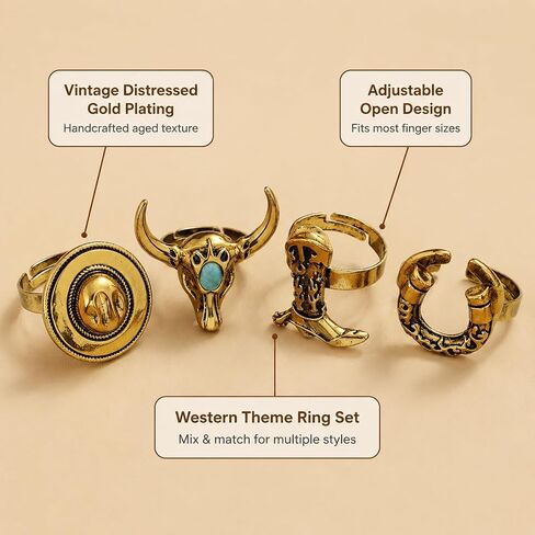 ASIJUNTYECHO 4 Pick Western Rings for Women, Cowboy Jewelry for Women, Horseshoe & Turquoise Bull Head Ring Set, Vintage Western Statement Open Rings for Cowgirls in Saudi Arabia