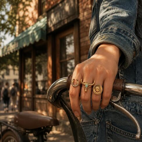 ASIJUNTYECHO 4 Pick Western Rings for Women, Cowboy Jewelry for Women, Horseshoe & Turquoise Bull Head Ring Set, Vintage Western Statement Open Rings for Cowgirls in Saudi Arabia