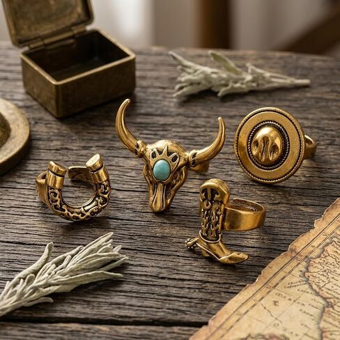 ASIJUNTYECHO 4 Pick Western Rings for Women, Cowboy Jewelry for Women, Horseshoe & Turquoise Bull Head Ring Set, Vintage Western Statement Open Rings for Cowgirls in Saudi Arabia