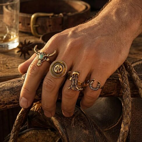 ASIJUNTYECHO 4 Pick Western Rings for Women, Cowboy Jewelry for Women, Horseshoe & Turquoise Bull Head Ring Set, Vintage Western Statement Open Rings for Cowgirls in Saudi Arabia