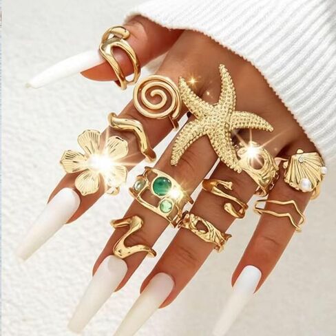Golden Knuckle Stacking Rings Set for Women Boho Dainty Crystal Starfish Wave Shell Flower Rings Pack Vintage Trendy Beach Holiday Stuff Jewelry Gift in Saudi Arabia