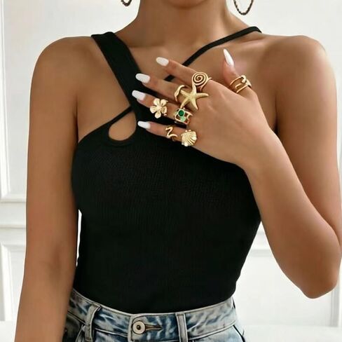 Golden Knuckle Stacking Rings Set for Women Boho Dainty Crystal Starfish Wave Shell Flower Rings Pack Vintage Trendy Beach Holiday Stuff Jewelry Gift in Saudi Arabia
