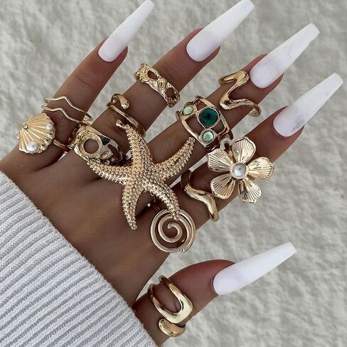 Golden Knuckle Stacking Rings Set for Women Boho Dainty Crystal Starfish Wave Shell Flower Rings Pack Vintage Trendy Beach Holiday Stuff Jewelry Gift in Saudi Arabia