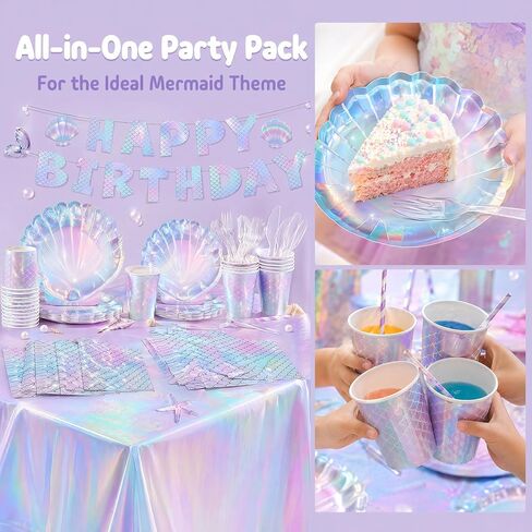 122PCS Mermaid Party Supplies for Girls Baby Shower Birthday Party Under the Sea Little Mermaid Themed Decor Iridescent Shell Plates Napkins Cups Knives Forks Tablecloths Banners Serves 20 Guests in Saudi Arabia