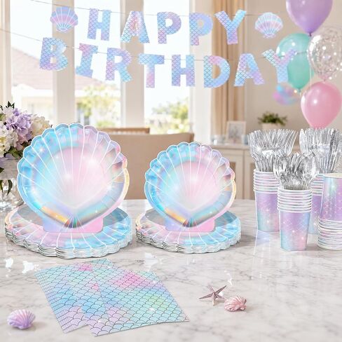 122PCS Mermaid Party Supplies for Girls Baby Shower Birthday Party Under the Sea Little Mermaid Themed Decor Iridescent Shell Plates Napkins Cups Knives Forks Tablecloths Banners Serves 20 Guests in Saudi Arabia