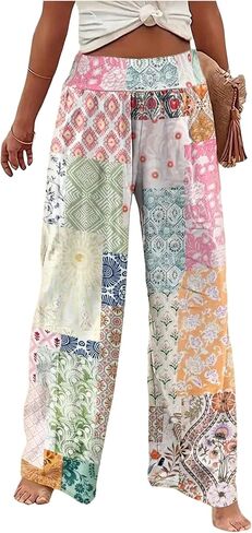 GORGLITTER Women's Floral Patchwork Pants Boho Wide Leg Colorblock High Waisted Vacation Trousers Beach Pants in Kuwait