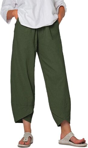 BIVENANT Linen Pants for Women Cotton Casual Summer Capri Pants Elastic Waist Wide Leg Cropped Pants with Pockets in Saudi Arabia