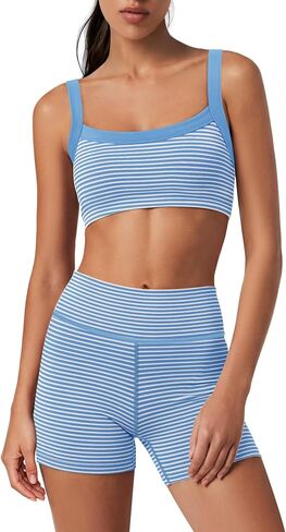 Yanekop Womens Striped Workout Set Two Piece Yoga Sets Padded Tank Tops and High Waisted Biker Shorts with Pockets in Saudi Arabia