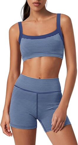 Yanekop Womens Striped Workout Set Two Piece Yoga Sets Padded Tank Tops and High Waisted Biker Shorts with Pockets in Saudi Arabia