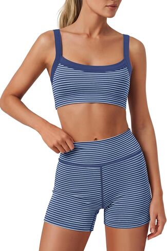 Yanekop Womens Striped Workout Set Two Piece Yoga Sets Padded Tank Tops and High Waisted Biker Shorts with Pockets in Saudi Arabia