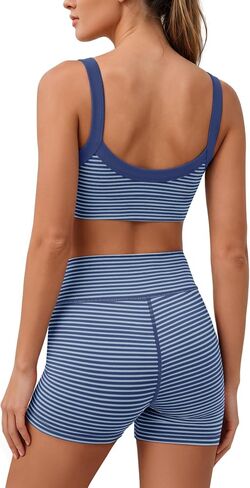 Yanekop Womens Striped Workout Set Two Piece Yoga Sets Padded Tank Tops and High Waisted Biker Shorts with Pockets in Saudi Arabia