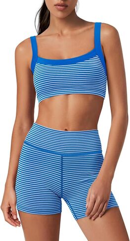 Yanekop Womens Striped Workout Set Two Piece Yoga Sets Padded Tank Tops and High Waisted Biker Shorts with Pockets in Saudi Arabia