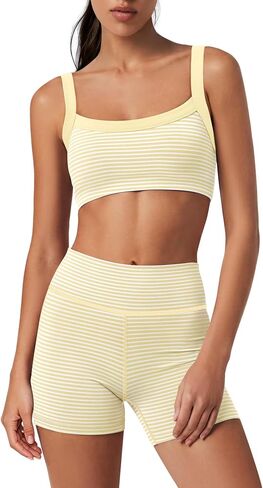 Yanekop Womens Striped Workout Set Two Piece Yoga Sets Padded Tank Tops and High Waisted Biker Shorts with Pockets in Saudi Arabia