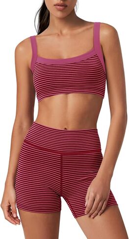 Yanekop Womens Striped Workout Set Two Piece Yoga Sets Padded Tank Tops and High Waisted Biker Shorts with Pockets in Saudi Arabia