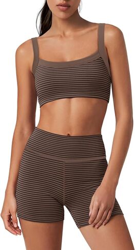 Yanekop Womens Striped Workout Set Two Piece Yoga Sets Padded Tank Tops and High Waisted Biker Shorts with Pockets in Saudi Arabia