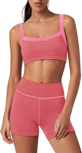 Yanekop Womens Striped Workout Set Two Piece Yoga Sets Padded Tank Tops and High Waisted Biker Shorts with Pockets in Saudi Arabia