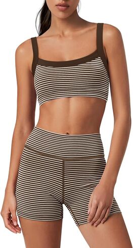 Yanekop Womens Striped Workout Set Two Piece Yoga Sets Padded Tank Tops and High Waisted Biker Shorts with Pockets in Saudi Arabia