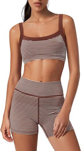Yanekop Womens Striped Workout Set Two Piece Yoga Sets Padded Tank Tops and High Waisted Biker Shorts with Pockets in Saudi Arabia