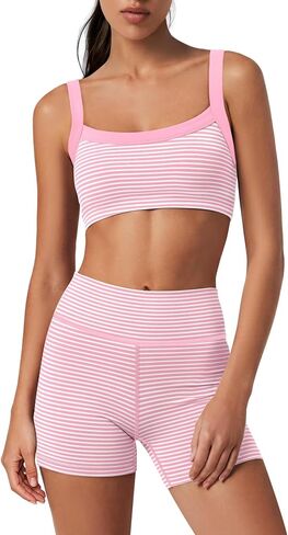 Yanekop Womens Striped Workout Set Two Piece Yoga Sets Padded Tank Tops and High Waisted Biker Shorts with Pockets in Saudi Arabia