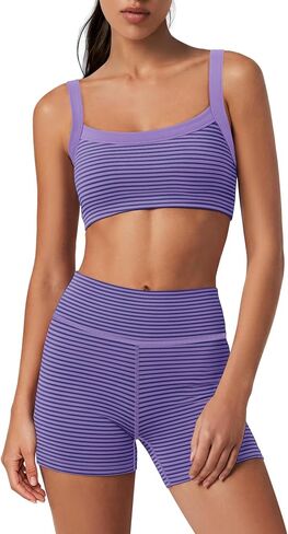 Yanekop Womens Striped Workout Set Two Piece Yoga Sets Padded Tank Tops and High Waisted Biker Shorts with Pockets in Saudi Arabia