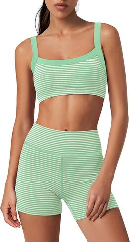Yanekop Womens Striped Workout Set Two Piece Yoga Sets Padded Tank Tops and High Waisted Biker Shorts with Pockets in Saudi Arabia
