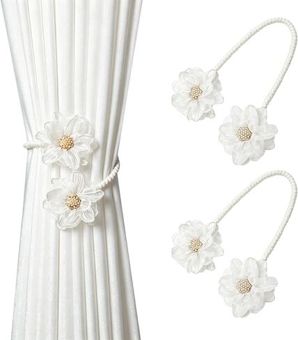 2 Pack Boho Flower Curtain Tiebacks, Sunflower Curtain Ties Decorative Rope No Drill Curtain Holdback for Bedroom Window Treatment, Home & Office Decor, White in Saudi Arabia