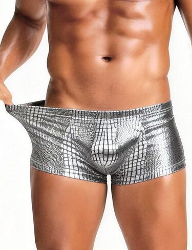 ohyeahlady Men's Metallic Faux Snakeskin Boxer Briefs Shiny Trunks with U-Convex Pouch Gold Silver Performance Underwear in Kuwait