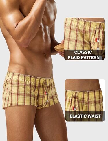FEOYA Men's Sexy Low Rise Plaid Stripe Boxer Briefs Casual Bulge Pouch Sleep Lounge Bottoms Shorts Underwear in Kuwait