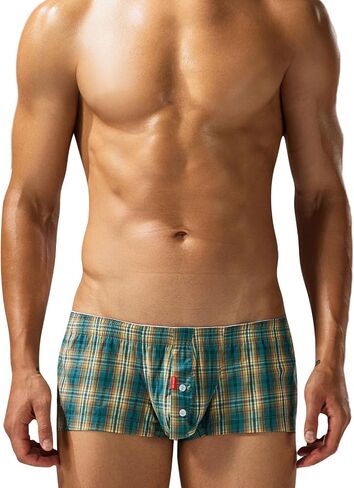 FEOYA Men's Sexy Low Rise Plaid Stripe Boxer Briefs Casual Bulge Pouch Sleep Lounge Bottoms Shorts Underwear in Kuwait