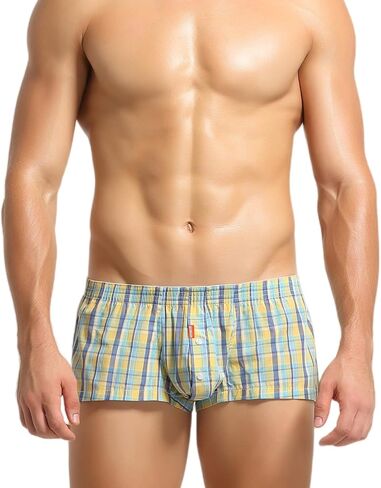 FEOYA Men's Sexy Low Rise Plaid Stripe Boxer Briefs Casual Sleep Lounge Bottoms Shorts Underwear in Kuwait