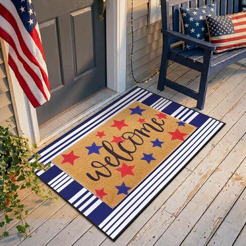 2 Pcs God Bless America Door Mats, 4th of July Patriotic Welcome Mat Non-Slip Coir Doormat with Blue White Stripes, Layered Rug for America 250th Anniversary, Front Porch Entryway Decor in Saudi Arabia