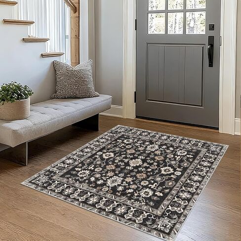 Washable 3x3 Square Rug for Entry Bathroom Kitchen Bedroom Carpet - Non Slip Low Pile Soft Throw Door mat - Protect Hardwood and Laminate Flooring Floral Farmhouse Decor 3x3 Black in Kuwait