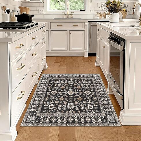 Washable 3x3 Square Rug for Entry Bathroom Kitchen Bedroom Carpet - Non Slip Low Pile Soft Throw Door mat - Protect Hardwood and Laminate Flooring Floral Farmhouse Decor 3x3 Black in Kuwait