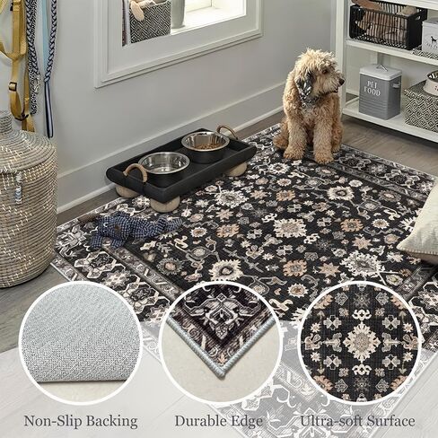 Washable 3x3 Square Rug for Entry Bathroom Kitchen Bedroom Carpet - Non Slip Low Pile Soft Throw Door mat - Protect Hardwood and Laminate Flooring Floral Farmhouse Decor 3x3 Black in Kuwait