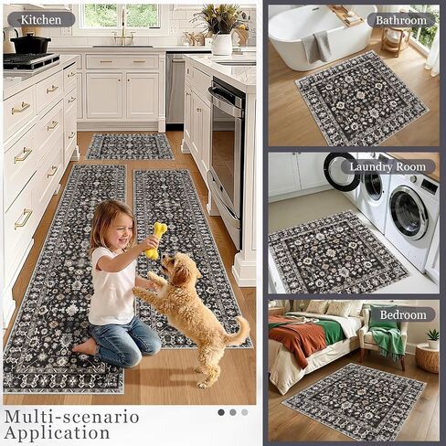 Washable 3x3 Square Rug for Entry Bathroom Kitchen Bedroom Carpet - Non Slip Low Pile Soft Throw Door mat - Protect Hardwood and Laminate Flooring Floral Farmhouse Decor 3x3 Black in Kuwait