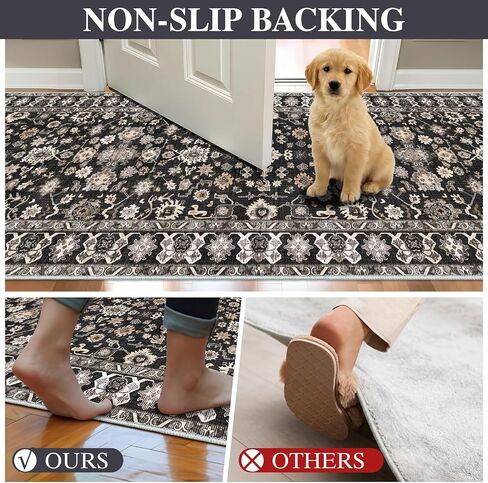 Washable 3x3 Square Rug for Entry Bathroom Kitchen Bedroom Carpet - Non Slip Low Pile Soft Throw Door mat - Protect Hardwood and Laminate Flooring Floral Farmhouse Decor 3x3 Black in Kuwait