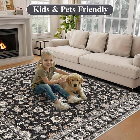 Washable 3x3 Square Rug for Entry Bathroom Kitchen Bedroom Carpet - Non Slip Low Pile Soft Throw Door mat - Protect Hardwood and Laminate Flooring Floral Farmhouse Decor 3x3 Black in Kuwait