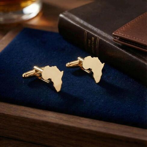Men’s Africa Continent Cufflinks – Stainless Steel Map-Themed Cuff Links with Gift Box & Polishing Cloth – Available in Silver & Gold in Saudi Arabia