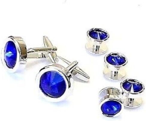 Faceted Swarovski Dark Sapphire Crystal Polished Rhodium Studs and Cufflinks in Saudi Arabia
