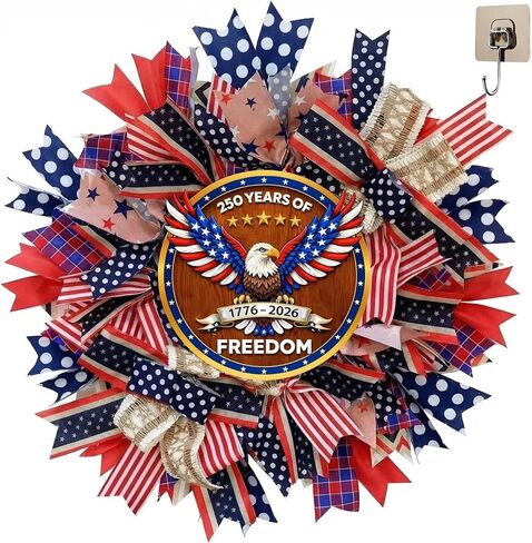 Upgraded 250th Anniversary Patriotic Wreath - 18 Inch Front Door Decor with Wooden Eagle Pattern & Red White Blue Ribbon (Glued on Fabric Base), Handcrafted for 4th of July Independence Day in Saudi Arabia